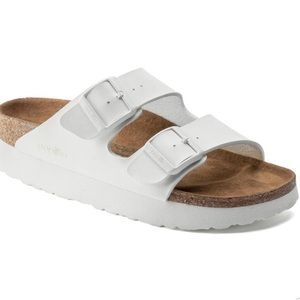 Vegan Birkenstock Arizona white platform sandals